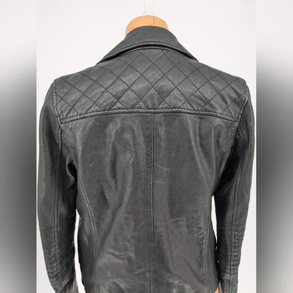 Black Genuine Lambskin Leather Moto Jacket Womens XS Double Zip Slim Biker Chic - Picture 9 of 15